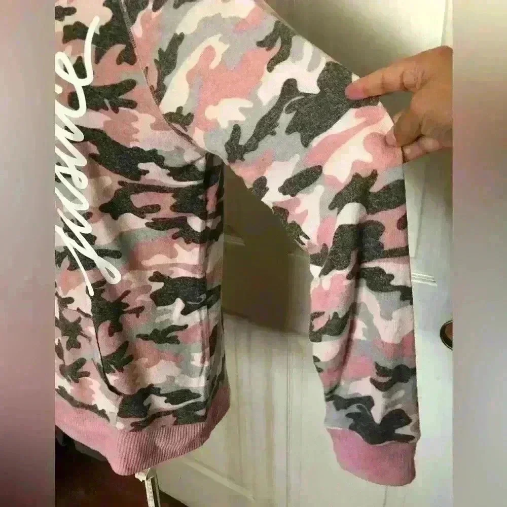 JUSTICE camo pink gray white long sleeve knit hoodie youth 14-16
